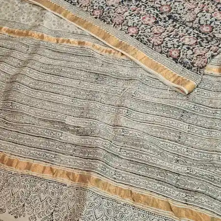 MudGreen Mangalagiri Handloom Silk Cotton Blend Kalamkari HandBlock Print 50K Border Saree