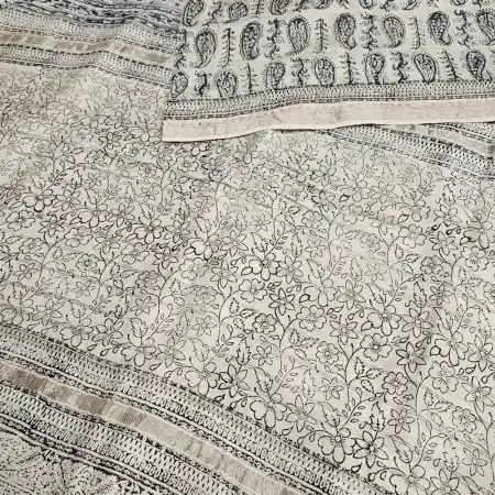 Baige With Black Mangalagiri Handloom Silk Cotton Blend Kalamkari HandBlock Print 50K Border Saree