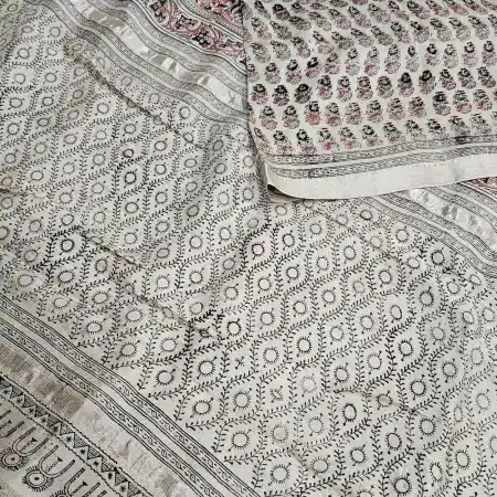 Baige Mangalagiri Handloom Silk Cotton Blend Kalamkari HandBlock Print 50K Border Saree