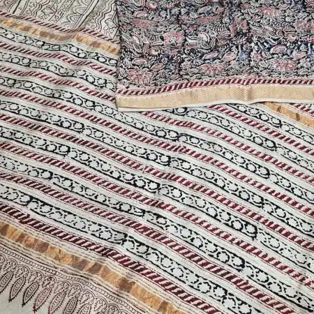 Black Mangalagiri Cotton Silk Blend Kalamkari HandBlock Print 50K Border Saree