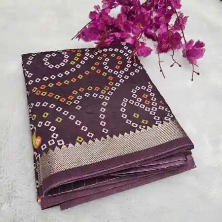 Brown Mangalagiri Handloom Silk Cotton Blend Bandhini Printed 50K Border Saree