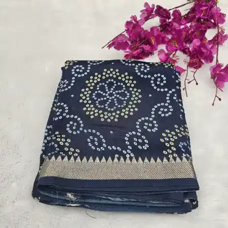 Dark Blue Mangalagiri Handloom Silk Cotton Blend Bandhini Printed 50K Border Saree
