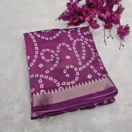 Purple With Digital Print Mangalagiri Handloom Silk Cotton Blend Bandhini Printed 50K Border Saree