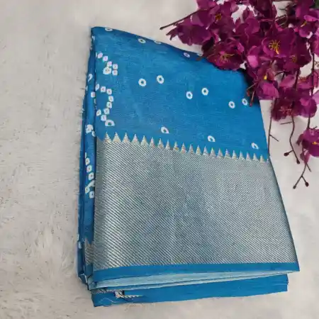 Sky-Blue Mangalagiri Handloom Silk cotton Blend Bandhini Printed 150K Border Saree