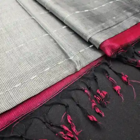 Silver And Meroon Mangalagiri Handloom Silk Cotton Blend Jute Lines Saree