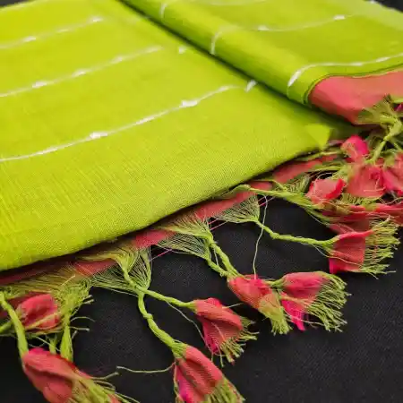 ParrotGreen And Maroon Mangalagiri Handloom Silk Cotton Blend Jute Lines Saree