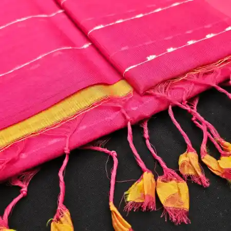 Pink And OrangeYellow Mangalagiri Handloom Silk Cotton Blend Jute Lines Saree