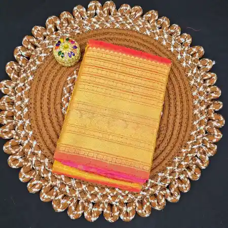 Orange Yellow Mangalagiri HandLoom Silk Cotton Blend 300k Border Zari Checks Saree