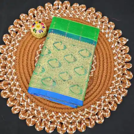 Green Mangalagiri HandLoom Silk Cotton Blend 300k Border Zari Checks Saree