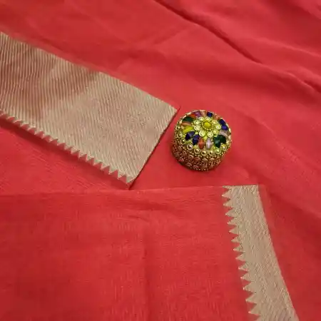 Orange Red Mangalagiri Handloom Silk Cotton Blend 150k Border Saree