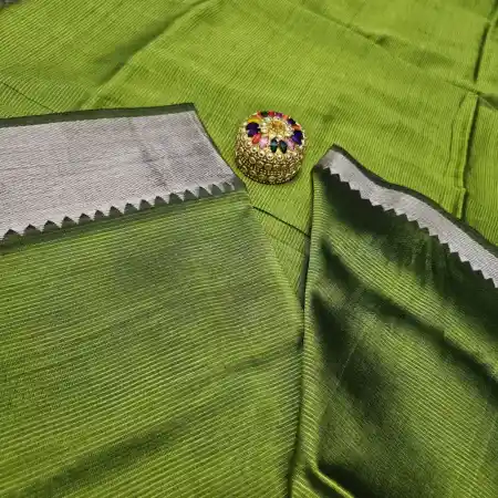 DarkOlive Green Mangalagiri Handloom Silk Cotton Blend 150k Border Saree