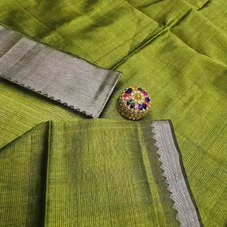 Olive Green Mangalagiri Handloom Silk Cotton Blend 150k Border Saree