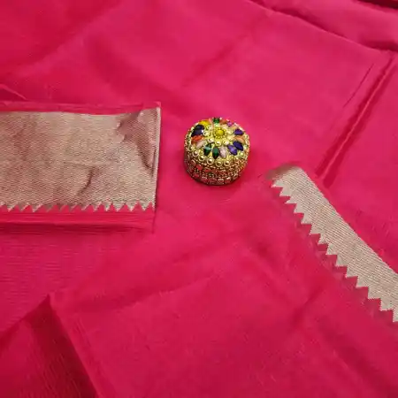Dark Tomato Pink Mangalagiri Handloom Silk Cotton Blend 150k Border Saree