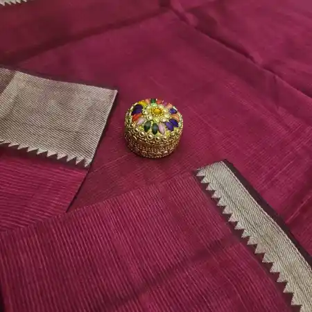 Dark VioletRed Mangalagiri Handloom Silk Cotton Blend 150k Border Saree