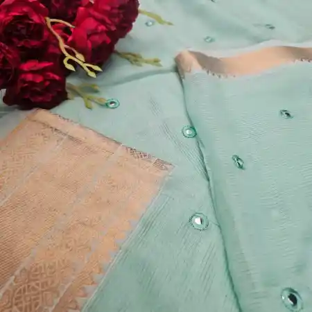 Lux Green Mangalagiri Handloom Silk Cotton Blend Mirror Work Saree