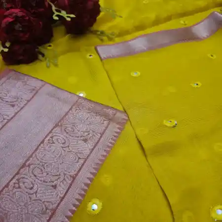 Yellow Mangalagiri Handloom Silk Cotton Blend Mirror Work Saree