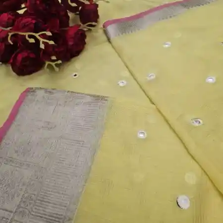 Light LemoneYellow Mangalagiri Handloom Silk Cotton Blend Mirror Work Saree