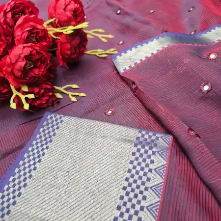 Meroon Mangalagiri Handloom Silk Cotton Blend Mirror Work Saree