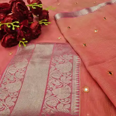 Light Orange Red Mangalagiri Handloom Silk Cotton Blend Mirror Work Saree