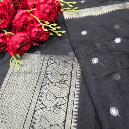 Black Mangalagiri Handloom Silk Cotton Blend Mirror Work Saree
