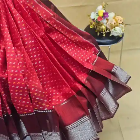 Dark Red Mangalagiri Handloom Pure Silk Ikkat Style Saree