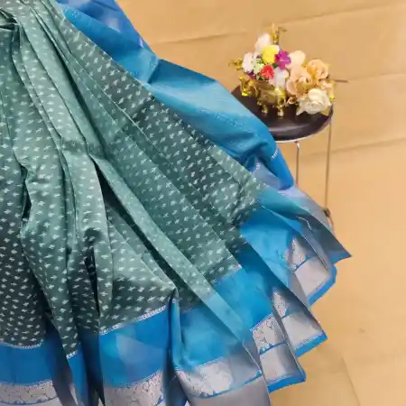 Green And Sky-Blue Mangalagiri Handloom Pure Silk Ikkat Style Saree