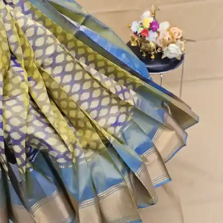 Gold With sky-Blue Mangalagiri Handloom Pure Silk Ikkat Style Saree