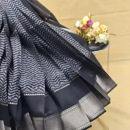 black with White Mangalagiri Handloom Pure Silk Ikkat Style Saree