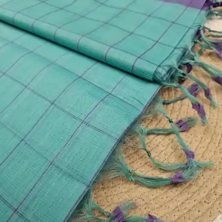 SeaGreen And Purple Mangalagiri Handloom Cotton Checks Saree