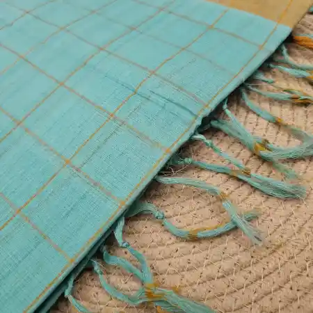 SeaGreen Yellow Mangalagiri Handloom Cotton Checks Saree