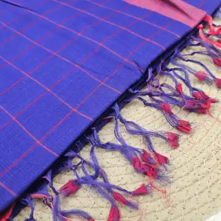 Dark-Blue Mangalagiri Handloom Cotton Checks Saree