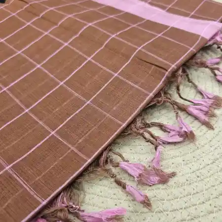 Brown Mangalagiri Handloom Cotton Checks Saree
