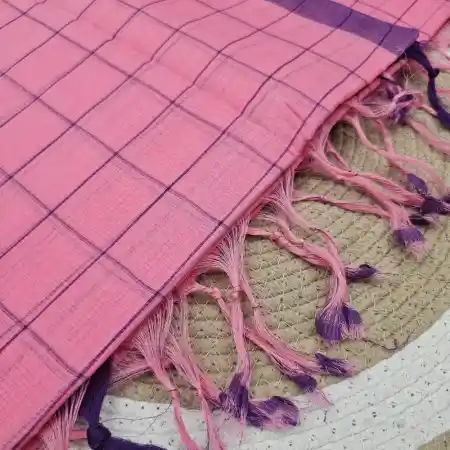 Rose-Pink Mangalagiri Handloom Cotton Checks Saree