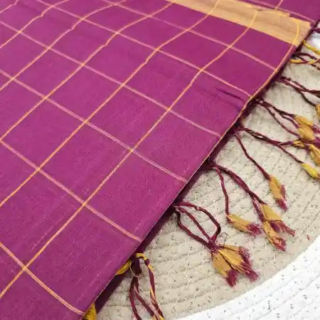 Purple And Yellow Mangalagiri Handloom Cotton Checks Saree