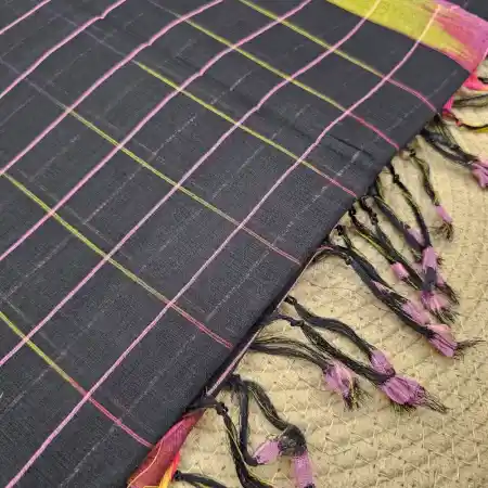 Black Mangalagiri Handloom Cotton Checks Saree