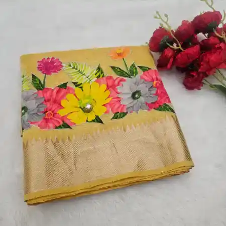 Yellow mangalagiri Handloom silk Cotton blend 150k border applique work saree