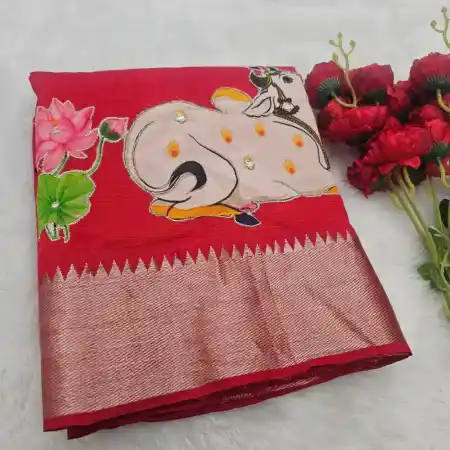 Red mangalagiri Handloom silk Cotton blend 150k border applique work saree