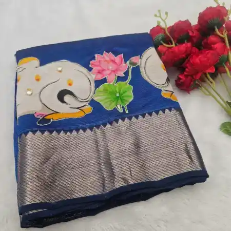 Blue mangalagiri Handloom silk Cotton blend 150k border applique work saree
