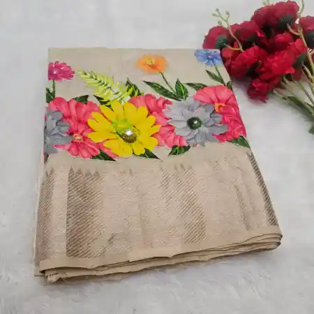 Baige mangalagiri Handloom silk Cotton blend 150k border applique work saree