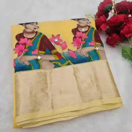 Light Yellow mangalagiri Handloom cotton silk blend 150k border applique work saree