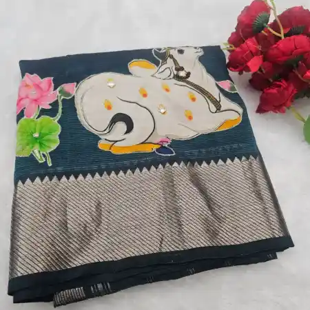 Teal Colour mangalagiri Handloom silk Cotton blend 150k border applique work saree