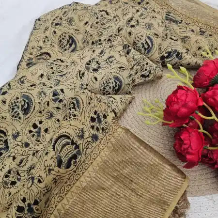 Dark Baige Mangalagiri Handloom silk cotton blend kalamkari 150k border saree