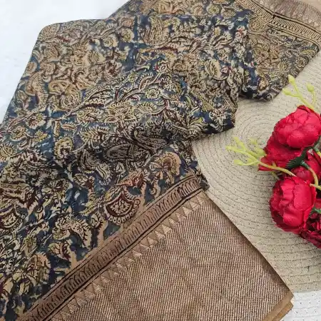 Blue Mangalagiri Handloom silk cotton blend kalamkari 150k border saree