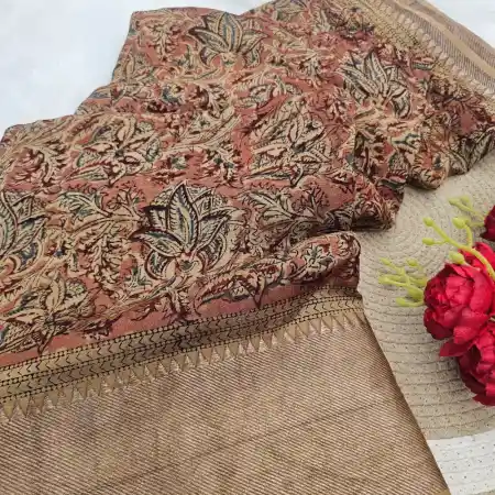 Light Red Mangalagiri Handloom silk cotton blend kalamkari 150k border saree