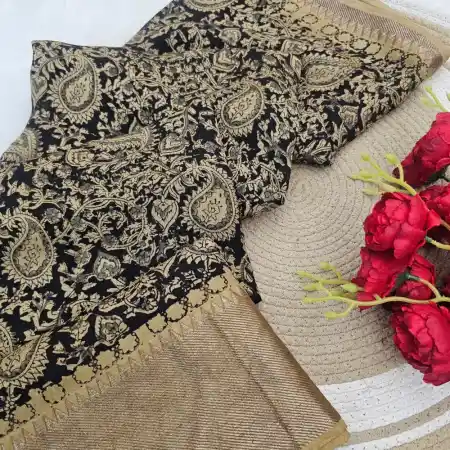 Black Mangalagiri Handloom silk cotton blend kalamkari 150k border saree