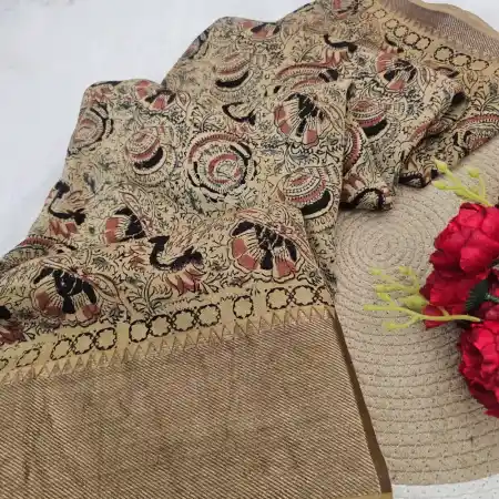 Darkbaige Mangalagiri Handloom silk cotton blend kalamkari 150k border saree