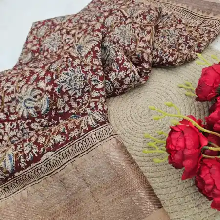 DarkRed Mangalagiri Handloom silk cotton blend kalamkari 150k border saree