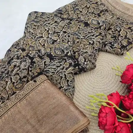 Black Mangalagiri Handloom silk cotton blend kalamkari 150k border saree
