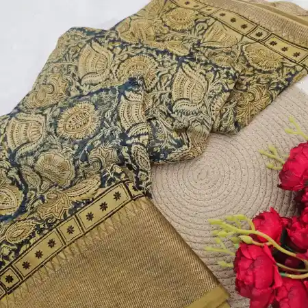 Blue Mangalagiri Handloom silk cotton blend kalamkari 150k border saree