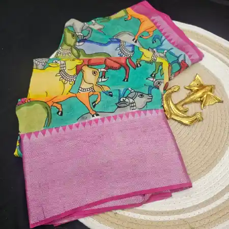 Emerald-Green Mangalagiri Handloom silk cotton blend pen kalamakari saree